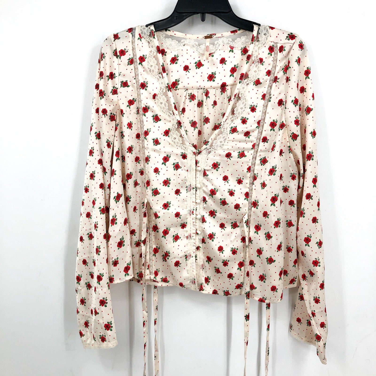 FREE PEOPLE Women's Field of Roses Top Medium Cream Red Long Sleeve NWOT