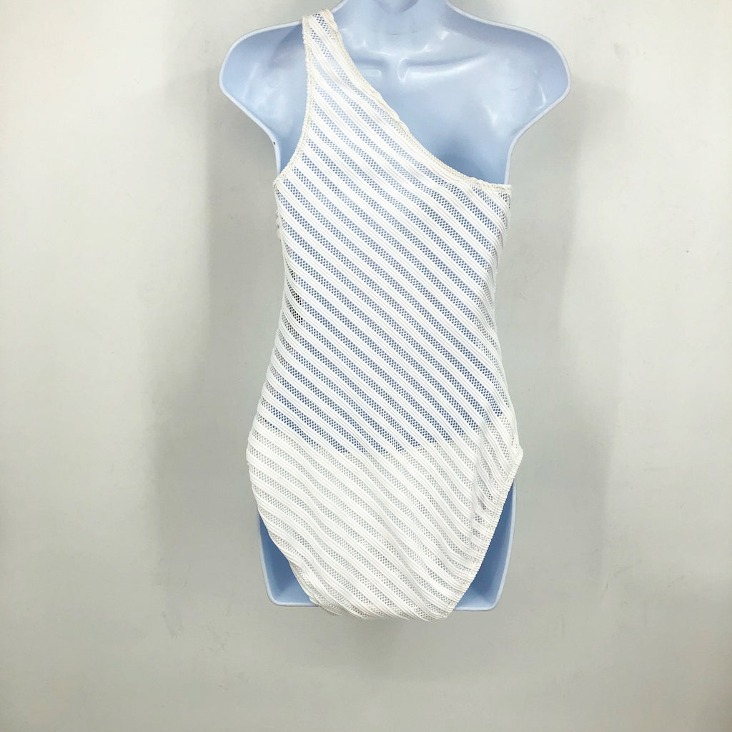 LAUREN RALPH LAUREN Ottoman Mesh One Shoulder One-Piece Swimsuit Sz 8 White NWT