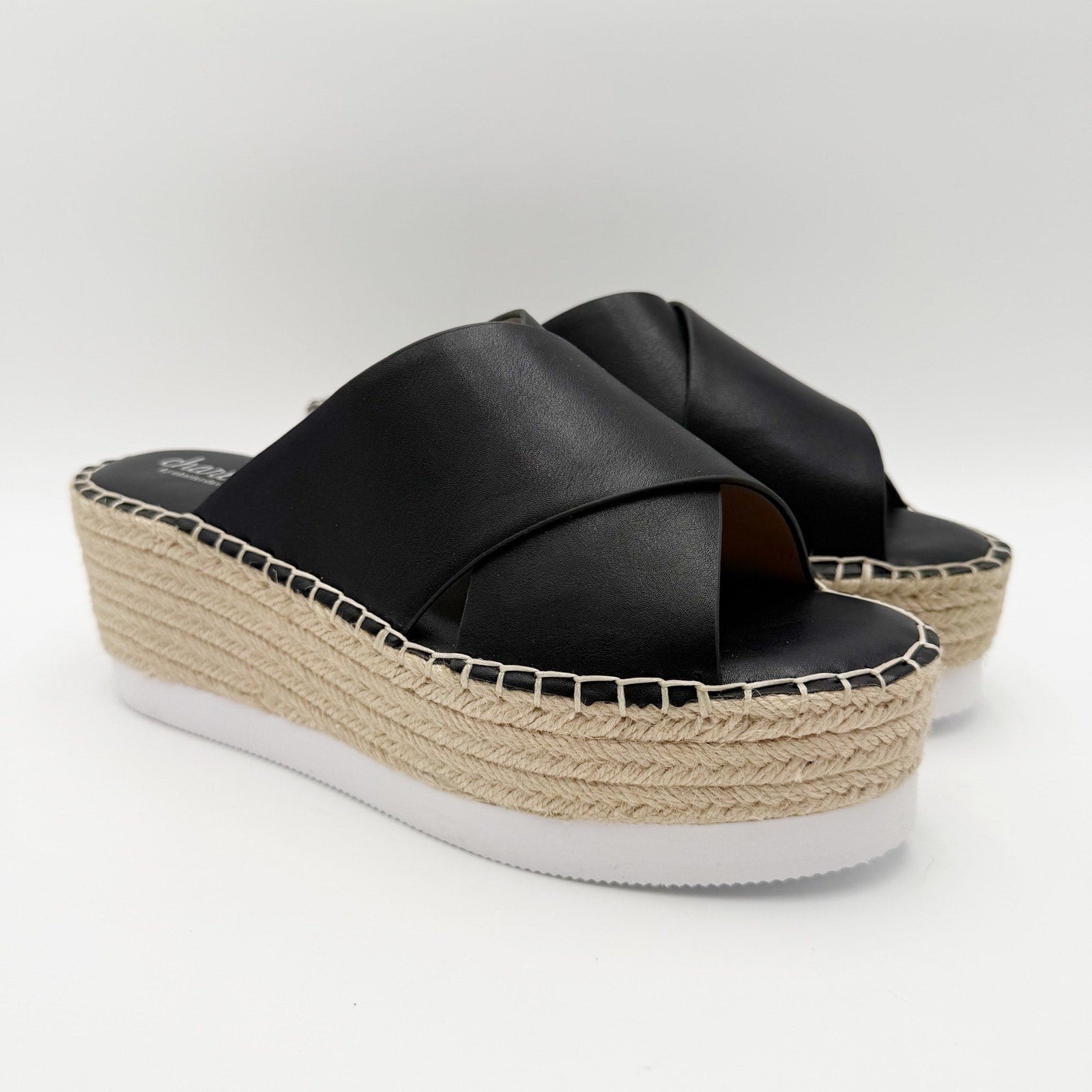 Charles David Womens Santana Wedge Sandals Size 8.5 M Black Platform Slides NWOB
