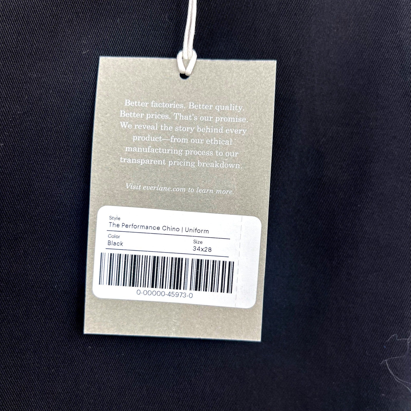 EVERLANE Men's Uniform Performance Chino Pants 34x28 Black Slim Fit NWT