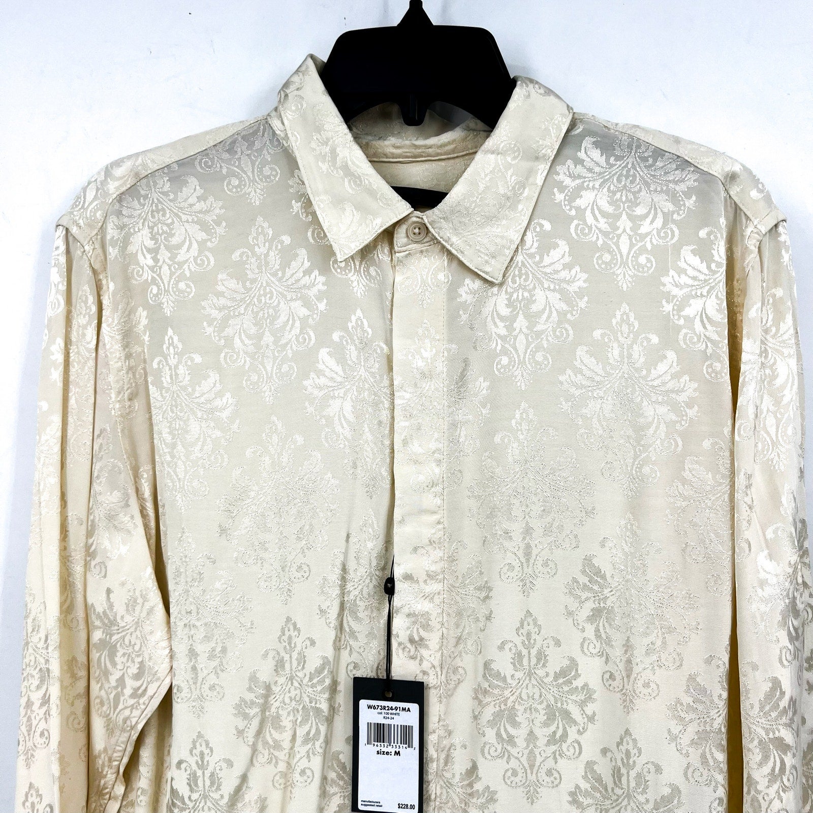 JOHN VARVATOS Men's Rodney Long Sleeve Shirt Medium Cream Damask Jacquard NWT