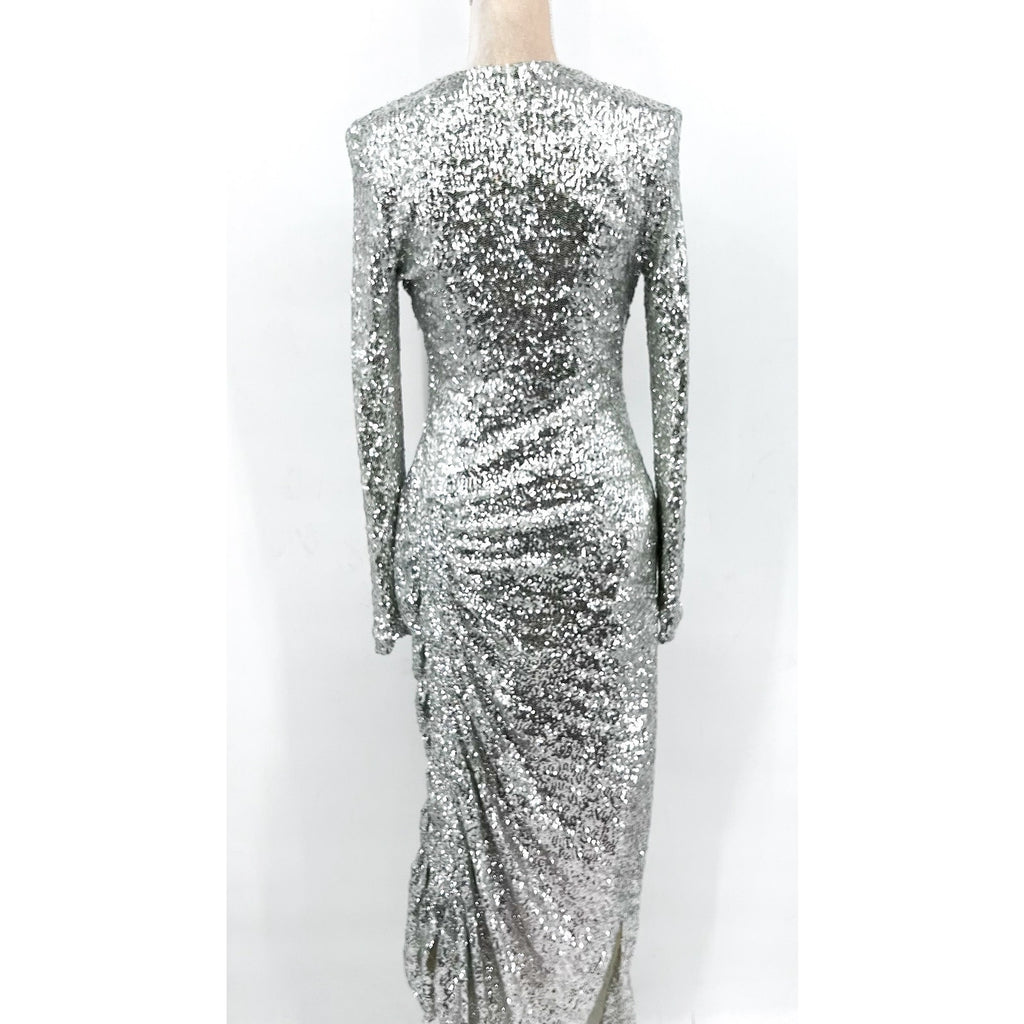 PREEN BY THORNTON BREGAZZI Welda Sequin Dress Medium Silver Long Sleeve NWOT