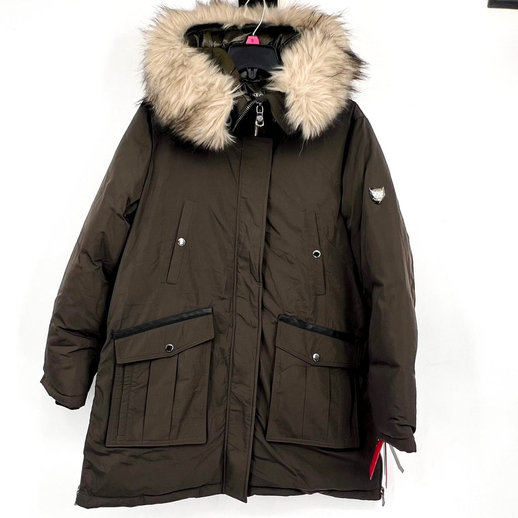 VINCE CAMUTO Heavyweight Hooded Parka Coat Medium Olive Green Faux Fur Trim NWT