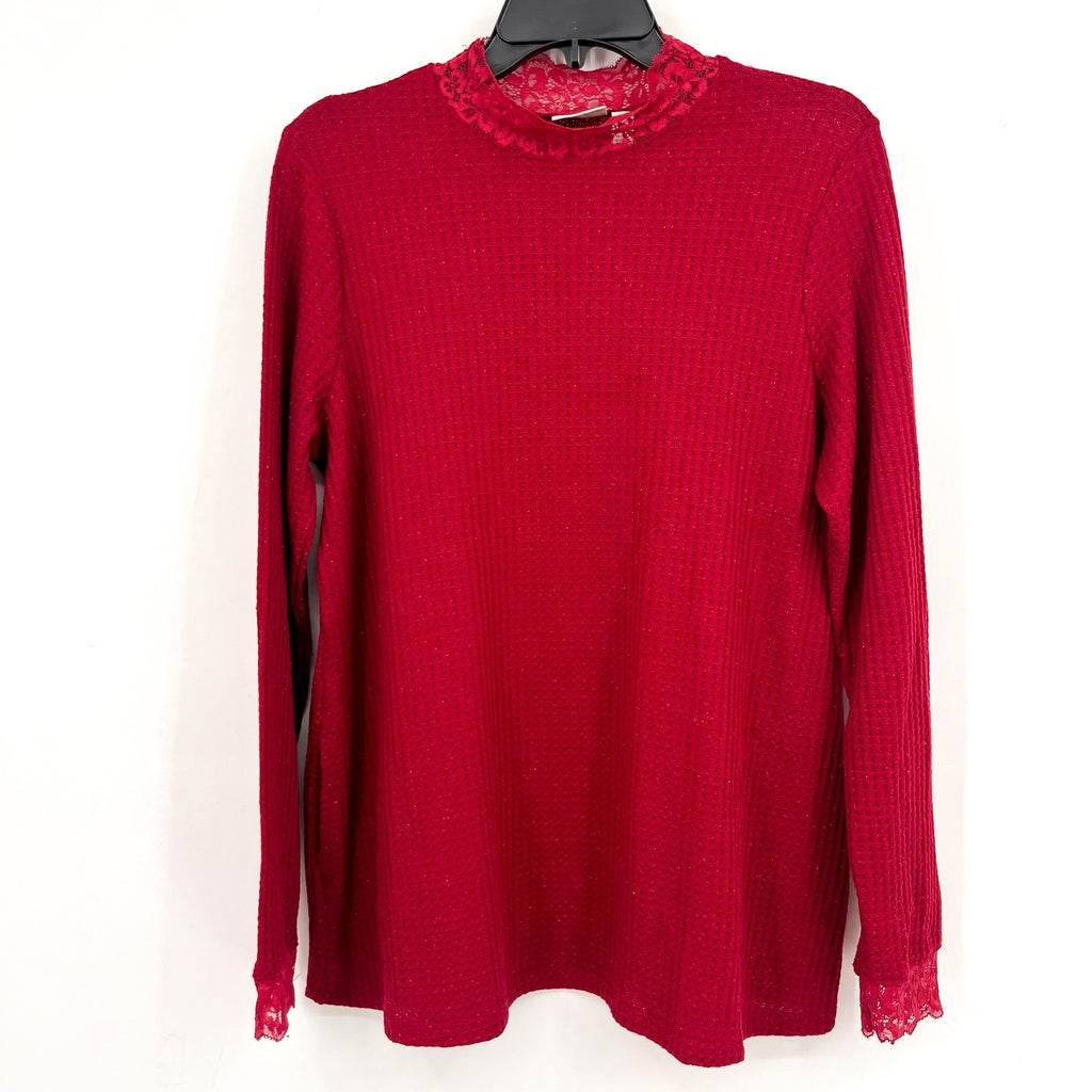 LOGO LORI GOLDSTEIN Metallic Waffle Knit Top Medium Rumba Red Long Sleeve NWOT