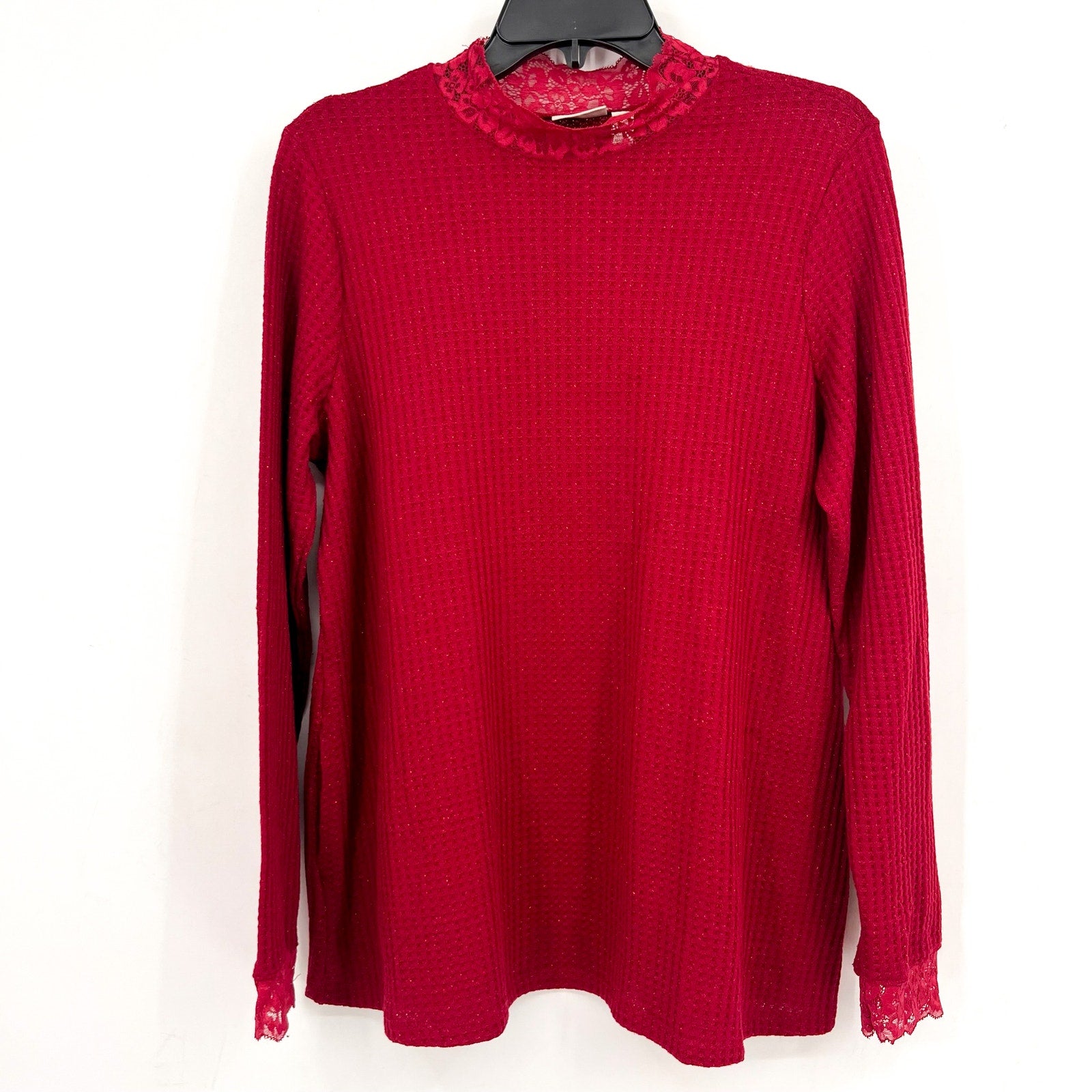 LOGO LORI GOLDSTEIN Metallic Waffle Knit Top Medium Rumba Red Long Sleeve NWOT