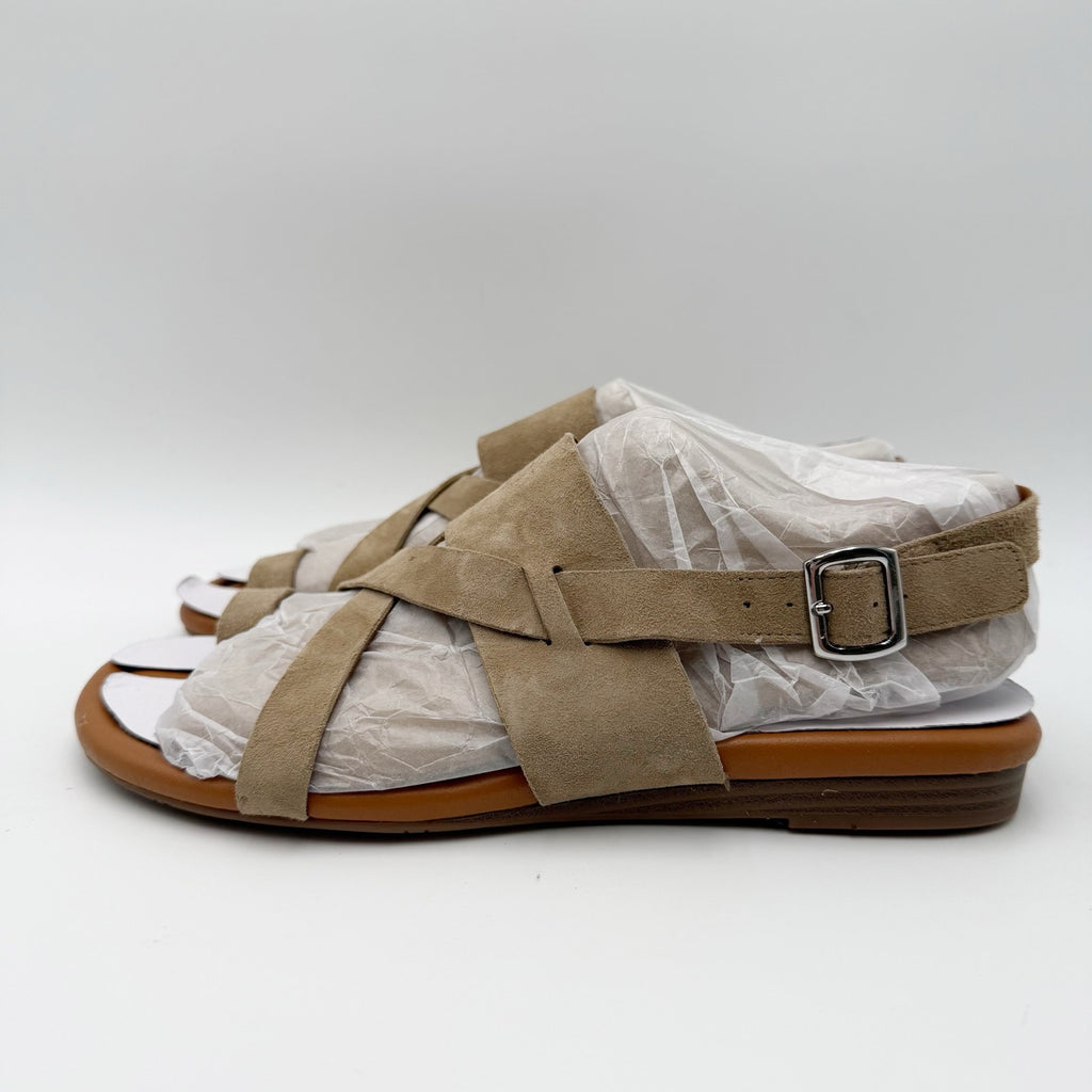 Franco Sarto Womens Gia Flat Sandals Size 7.5 M EU 38 Taupe Tan Suede NWOB