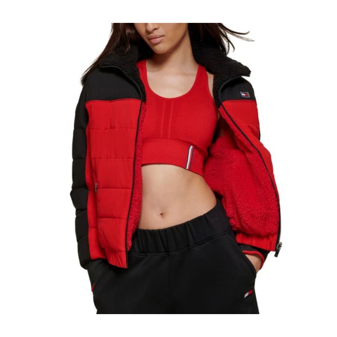 TOMMY HILFIGER SPORT Womens Reversible Track Jacket Large Red Black Sherpa NWT