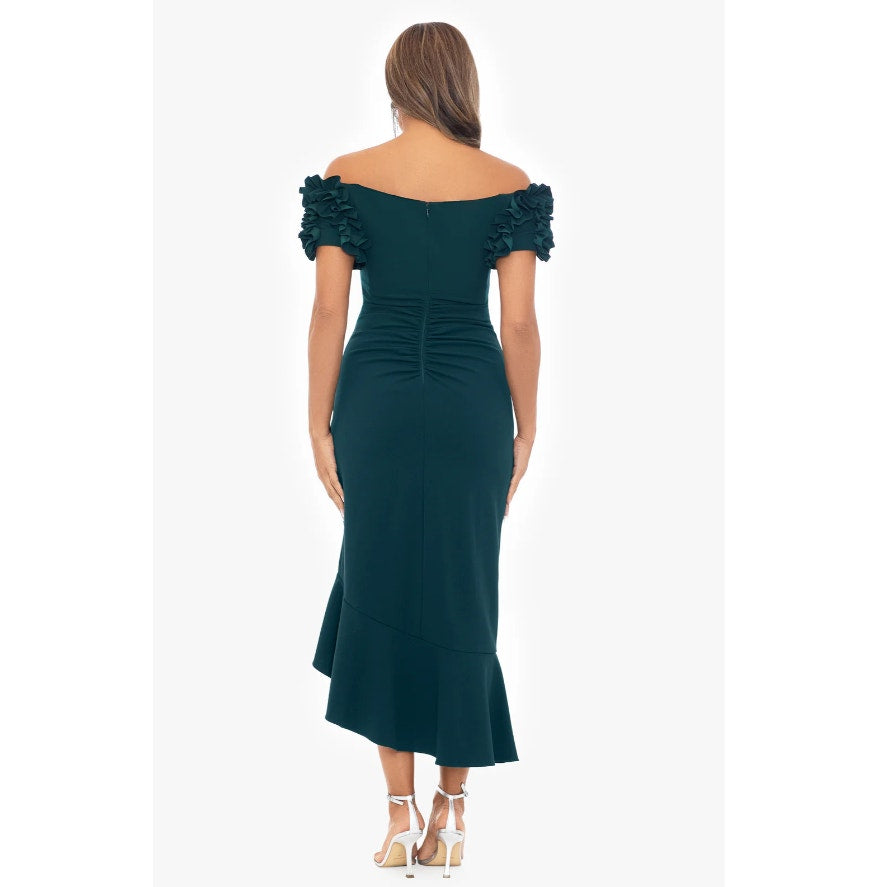 XSCAPE Women's Scuba Crepe Ruffle Midi Dress Size 6 Green Off the Shoulder NWT