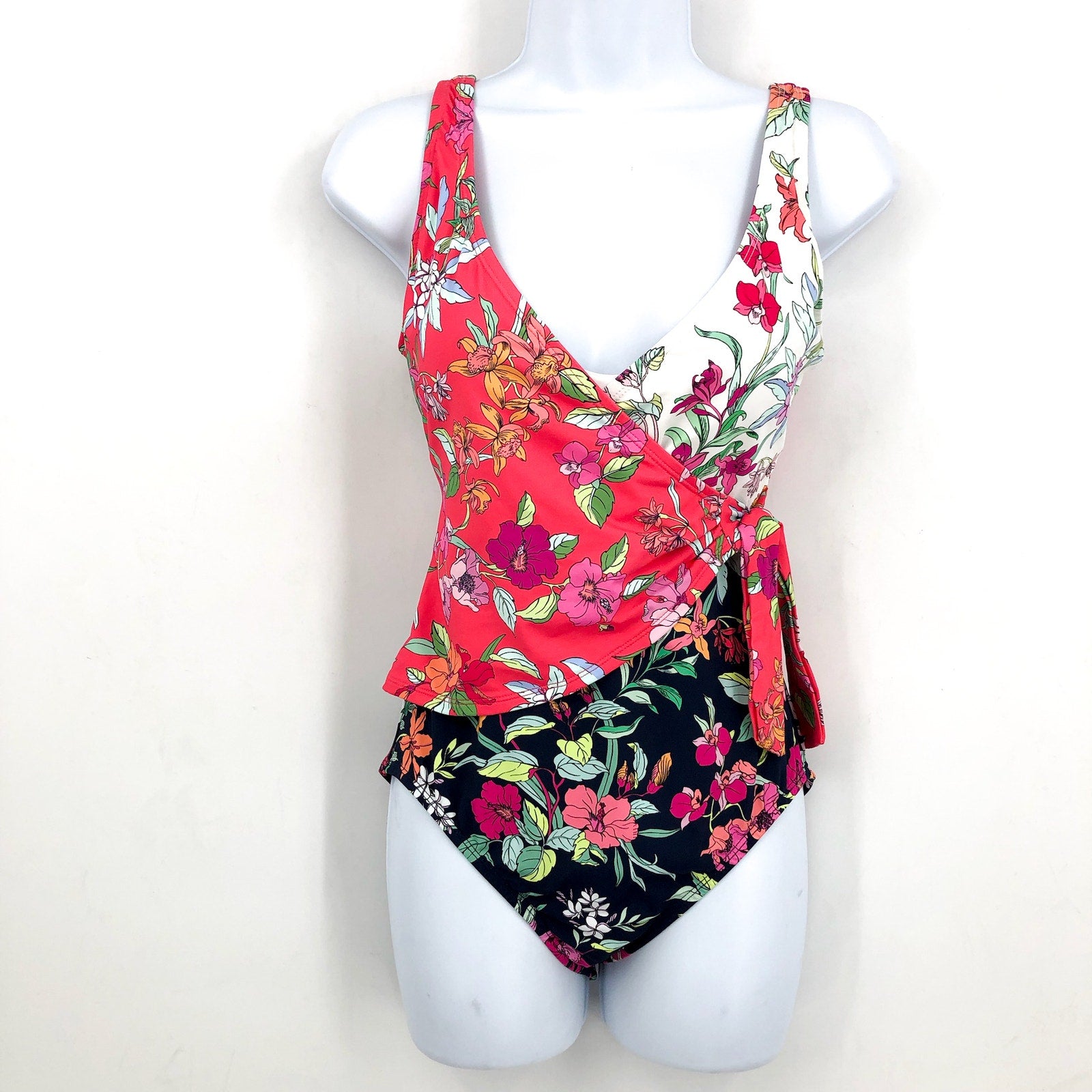 TOMMY BAHAMA Summer One-Piece Swimsuit Size 16 Pink Black Floral Wrap-Front NWT