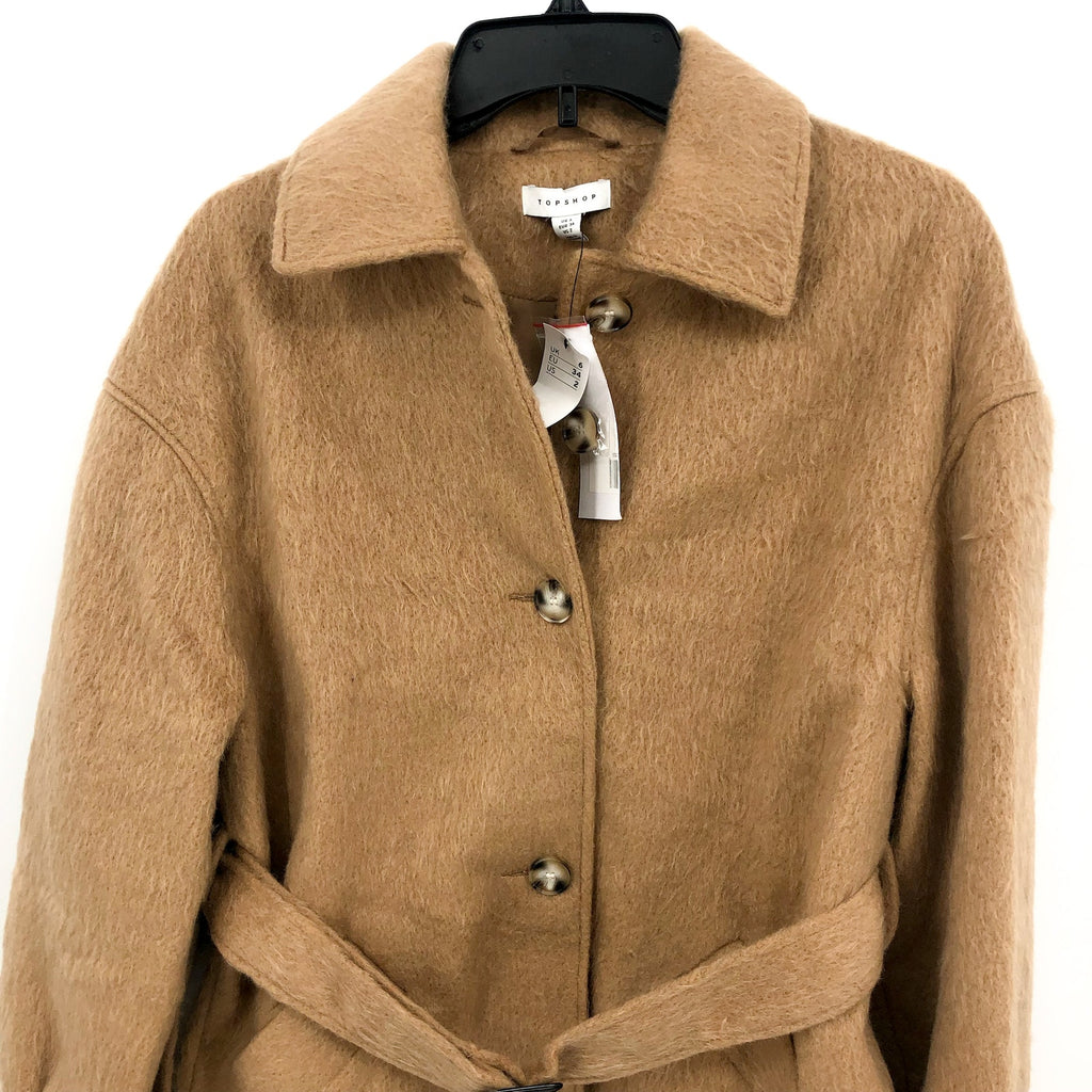 TOPSHOP Women's Brushed Shacket Size 2 Tan Camel Belted Long Sleeve NWT
