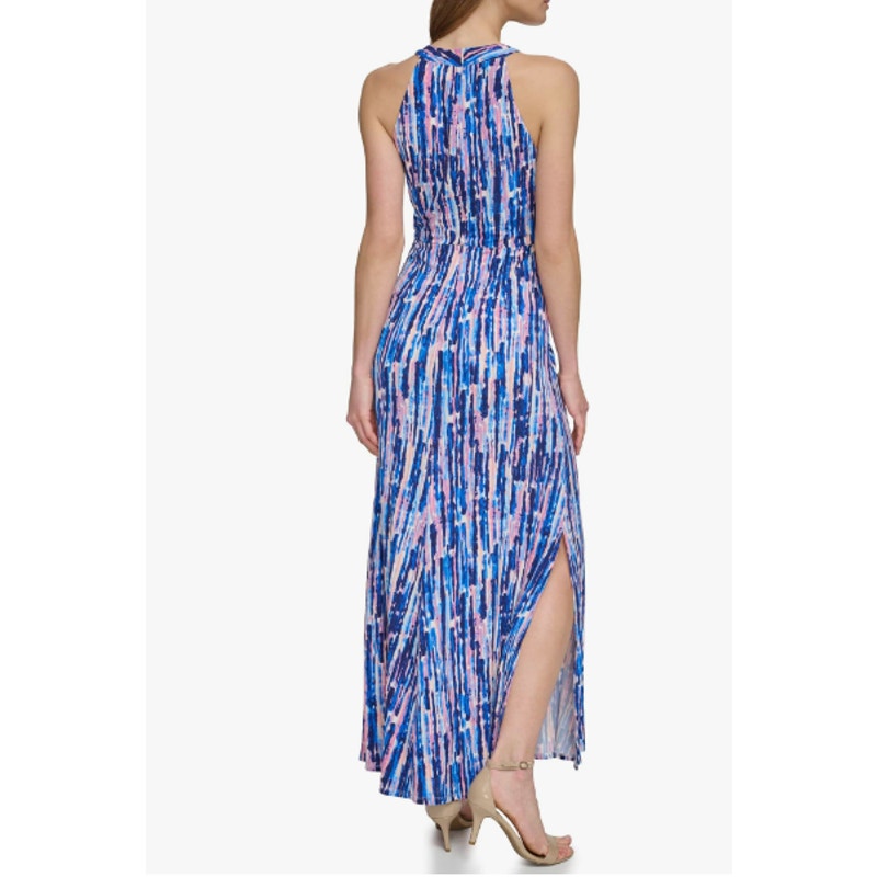 ELIZA J Keyhole Twist Maxi Dress Size 6 Blue Multi Printed Halter Neck NWT