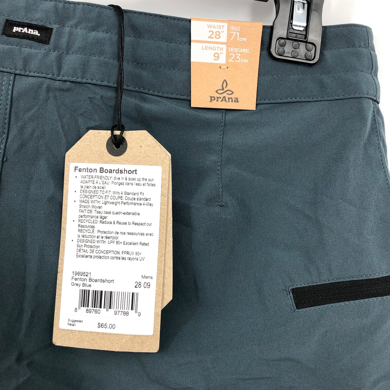 PRANA Men's Fenton Board Shorts Size 28 Grey Blue 9" Inseam Drawcord Swim NWT