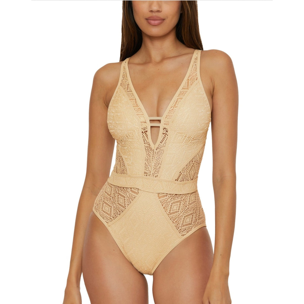 BECCA Women's Polished Crochet Plunge One Piece Swimsuit Small Gold NWT