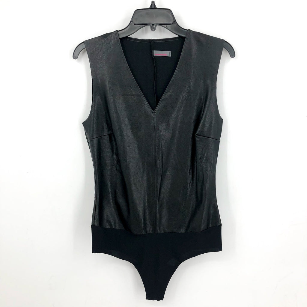 COMMANDO Women's Faux Leather Deep-V Bodysuit Large Black Sleeveless Top NWT