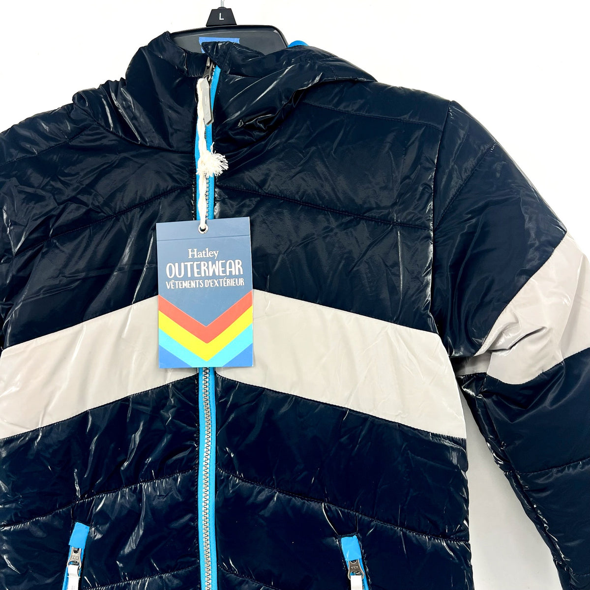 HATLEY Boys Shark Skin Puffer Jacket Size 8 Navy Blue Colorblock Hooded NWT
