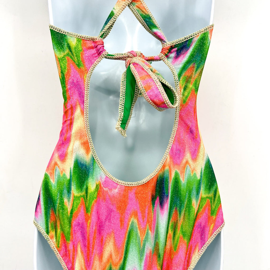 BECCA Women's Mirage Metallic One-Piece Swimsuit Medium Pink Green Lace-Up NWOT