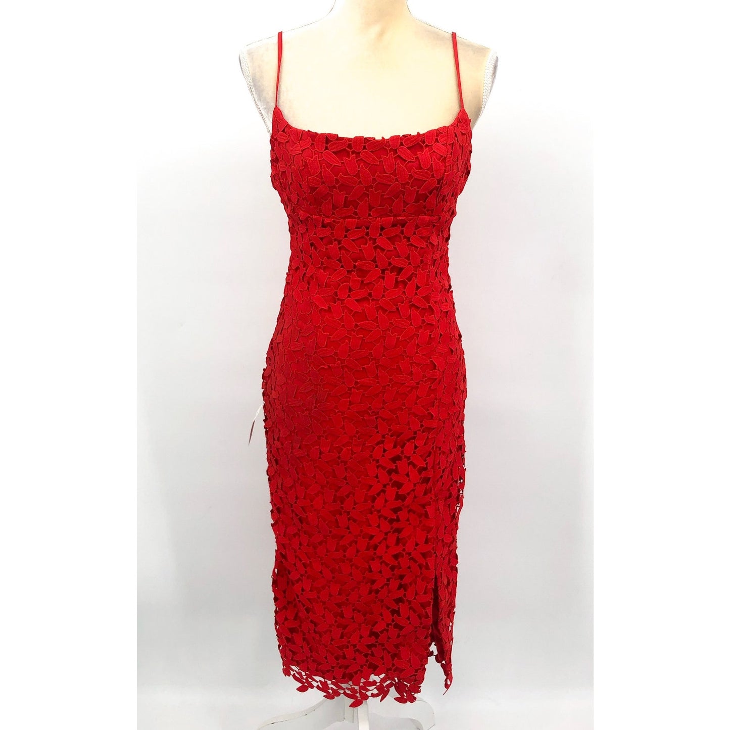 Bardot Ariel Leaf Lace Midi Dress US 6 Small Lipstick Red Spaghetti Straps NWT