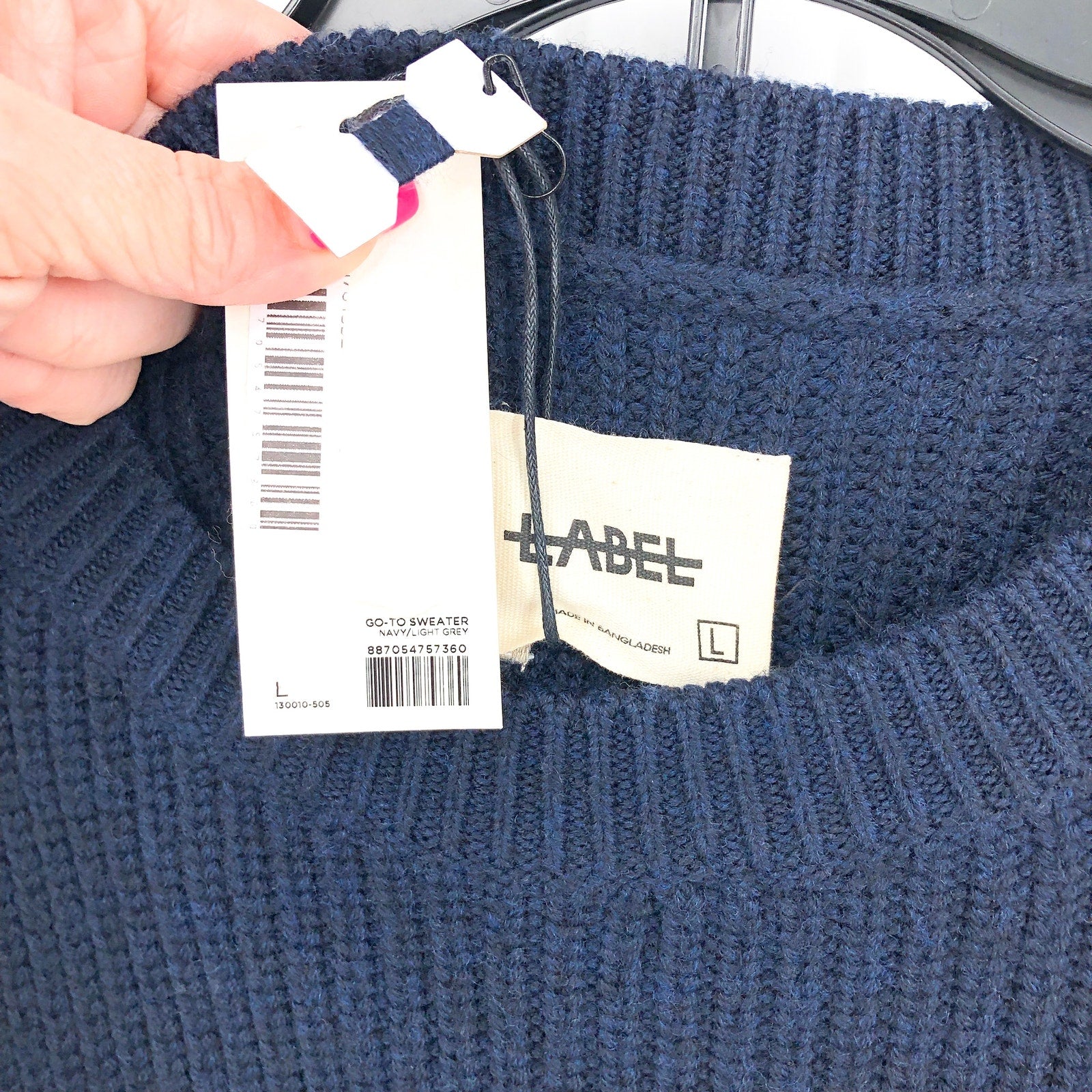 LABEL Men's Go-To Sweater Large Navy Blue Light Grey Crewneck Merino Wool NWT