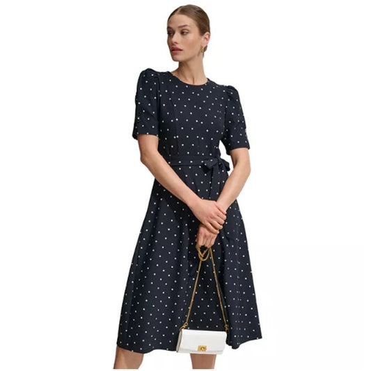 DKNY Women's Polka-Dot Puff-Sleeve Midi Dress Size 12 Navy Waist Tie Belt NWT