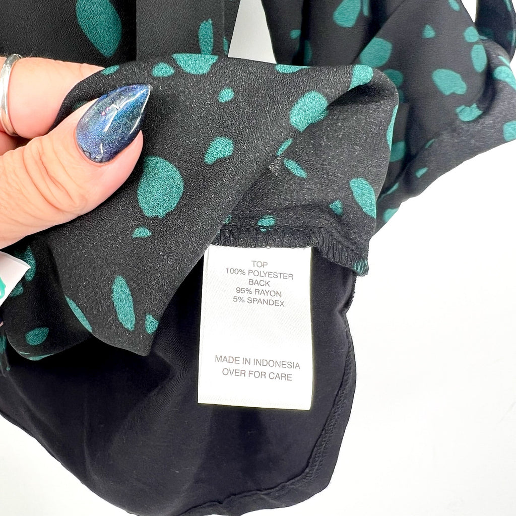 FORTUNE + IVY Womens Tulsa Mixed Material Blouse Small Black Green Abstract NWOT