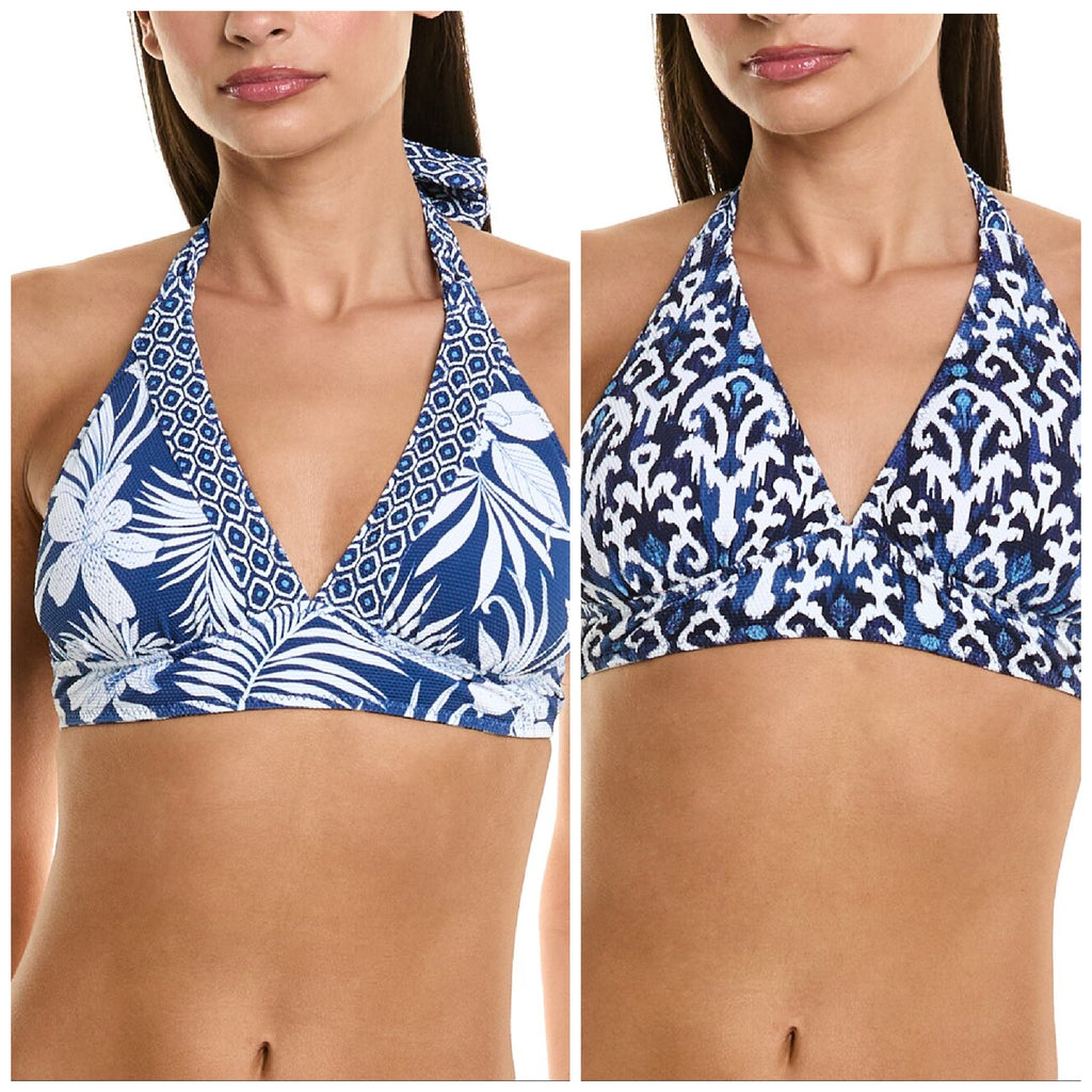 TOMMY BAHAMA Island Cays Halter Bikini Top Large Blue Blooms Reversible NWT