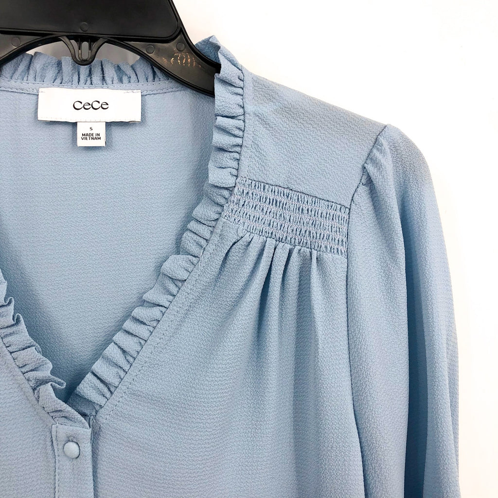 CECE Women's Ruffled Popover Blouse Small Blue Air V Neck 3/4-Sleeve NWT