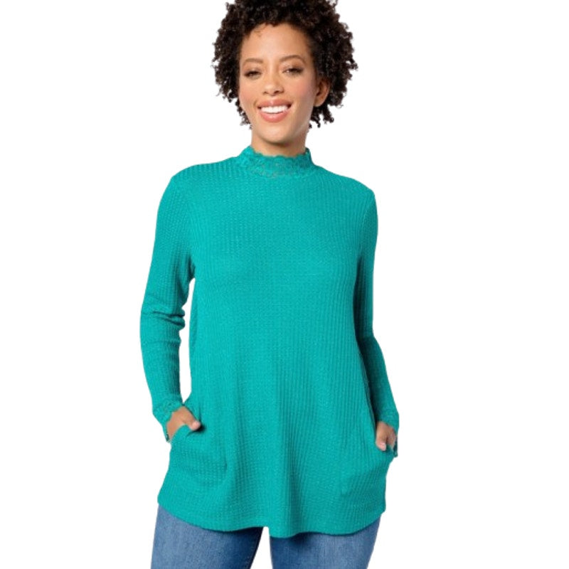 LOGO LORI GOLDSTEIN Metallic Waffle Knit Top Medium Blue Green Long Sleeve NWOT