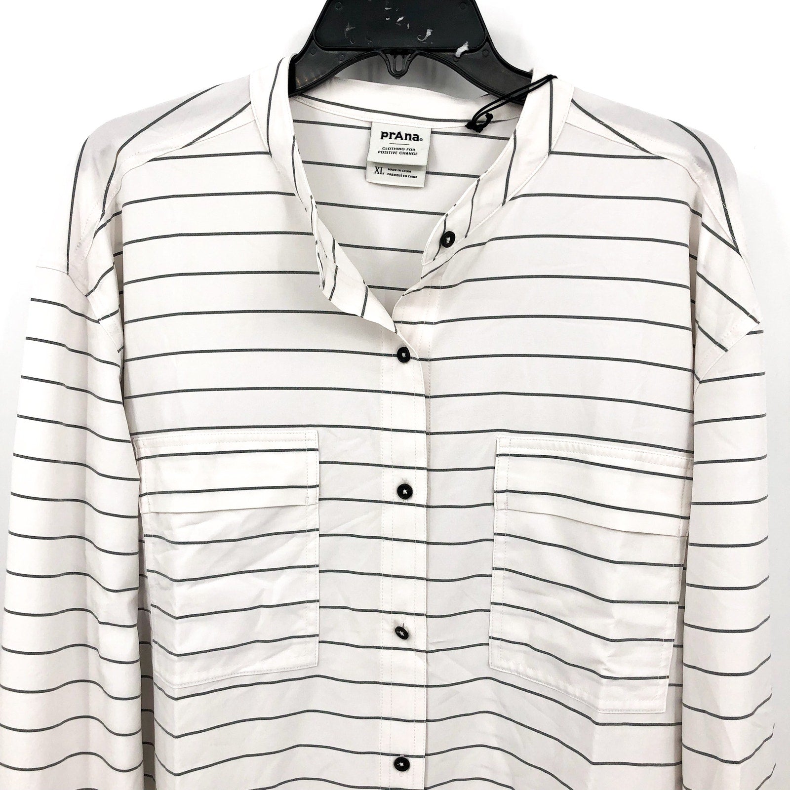 PRANA Womens Railay Tunic Top XL White Stripe Long Sleeve Button Up UPF 50+ NWT