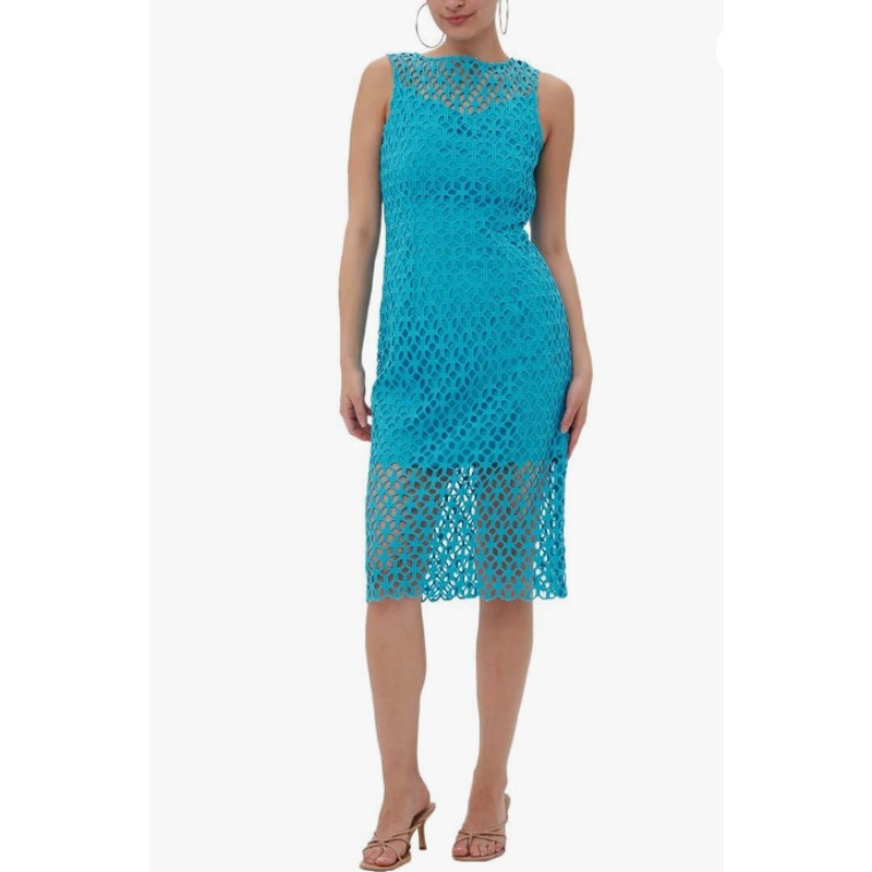 TRINA TURK Eleanor Midi Sheath Dress Size 6 Blue Grotto Crochet Sleeveless NWT