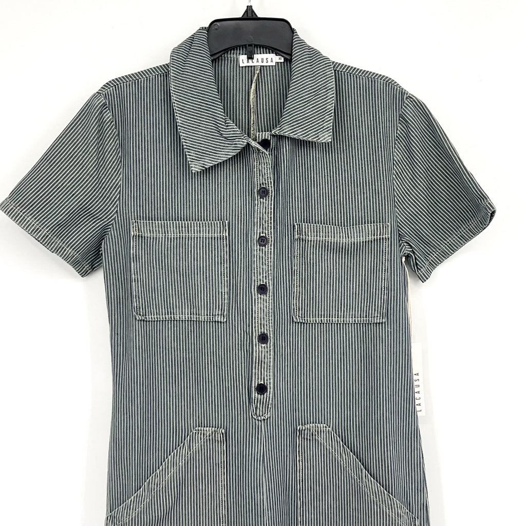 LACAUSA Womens Railroad Lucky Jumpsuit Small Blue Sea Salt Stripe NWT