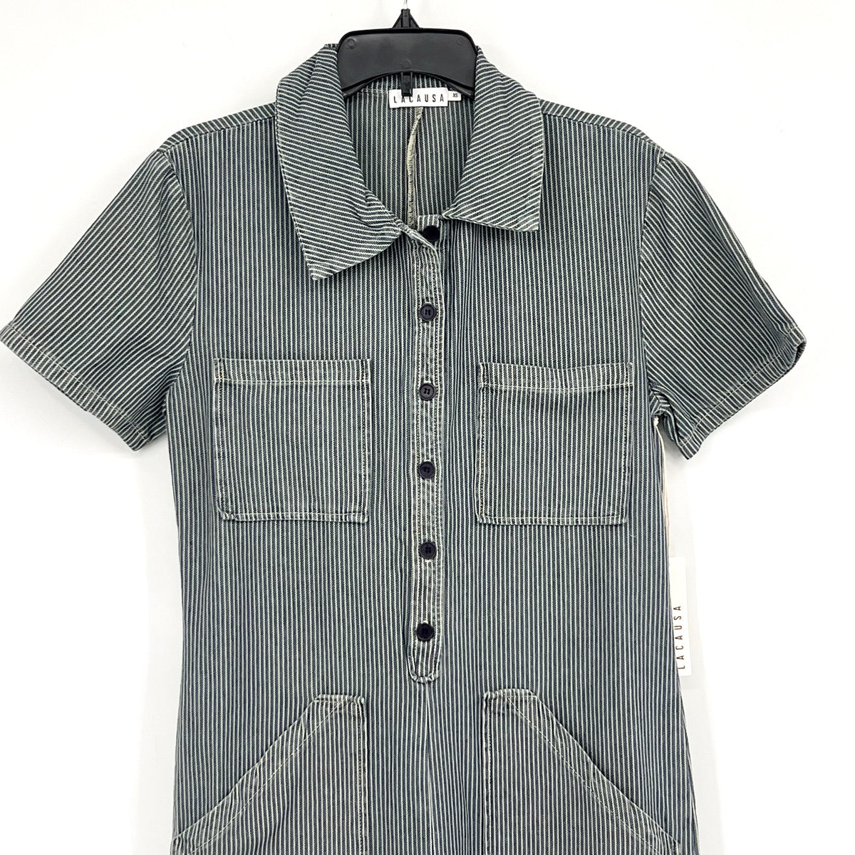 LACAUSA Womens Railroad Lucky Jumpsuit Small Blue Sea Salt Stripe NWT