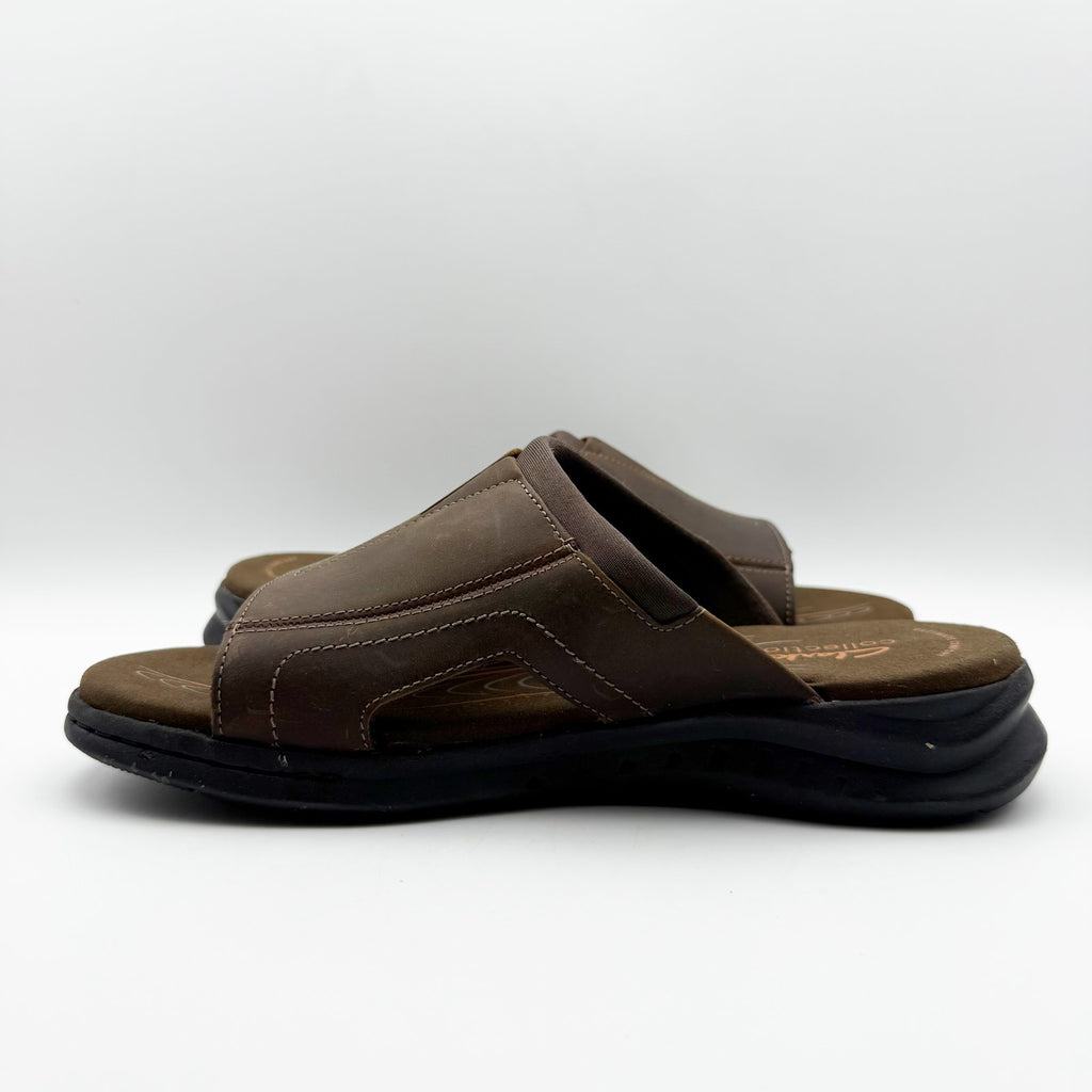 Clarks Mens Walkford Band Sandals US 7 Dark Brown Beeswax Leather Slip On NIB