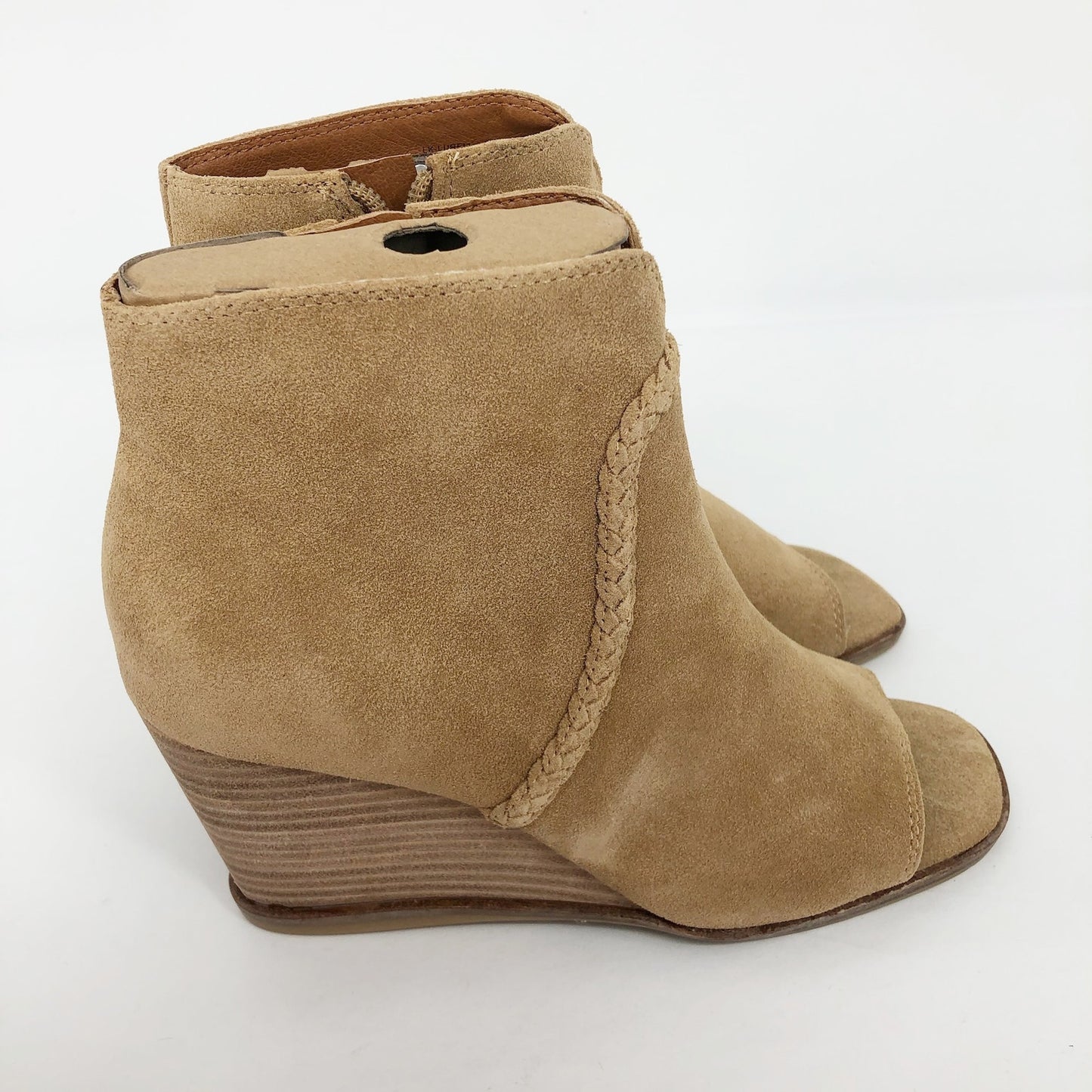 LUCKY BRAND Women's Suede Lureli Wedge Booties Size 6 Tan Peep Toe NWOB