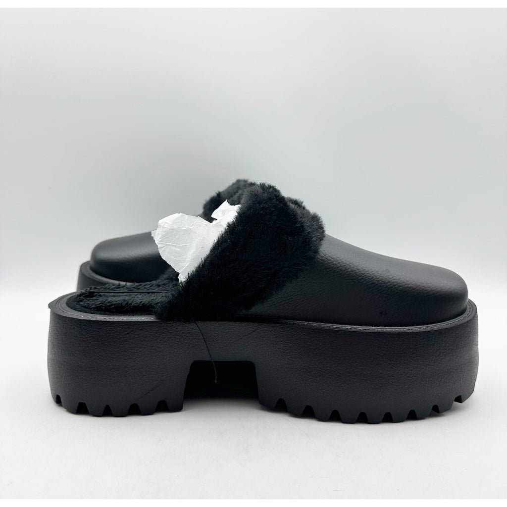 BEBE Women's Platform Slides Size 7 Black Faux Fur Collar Rhinestone Logo NWOB