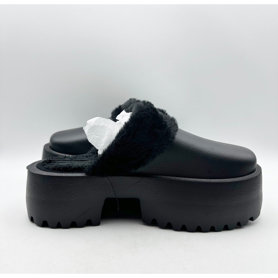 BEBE Women's Platform Slides Size 7 Black Faux Fur Collar Rhinestone Logo NWOB