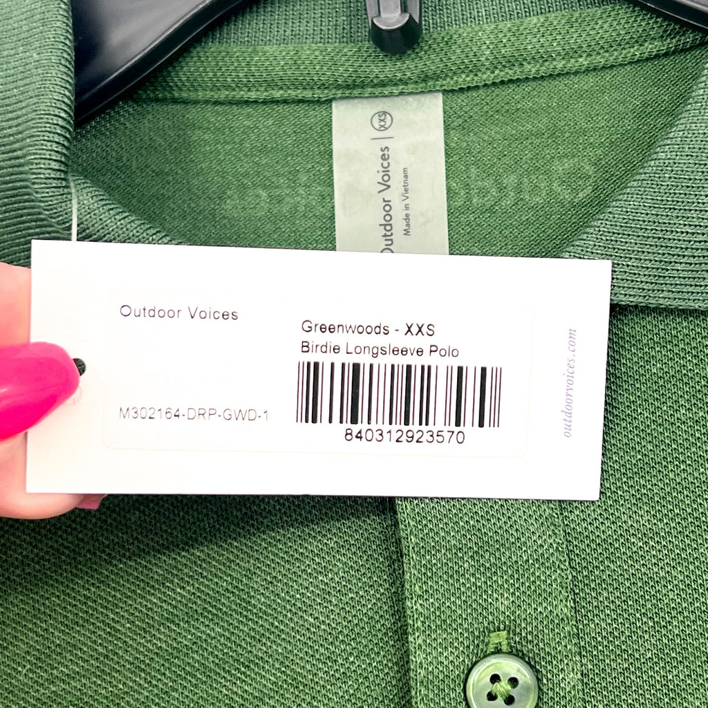 OUTDOOR VOICES Men's Birdie Long Sleeve Polo Shirt XXS Greenwoods DriRELEASE NWT
