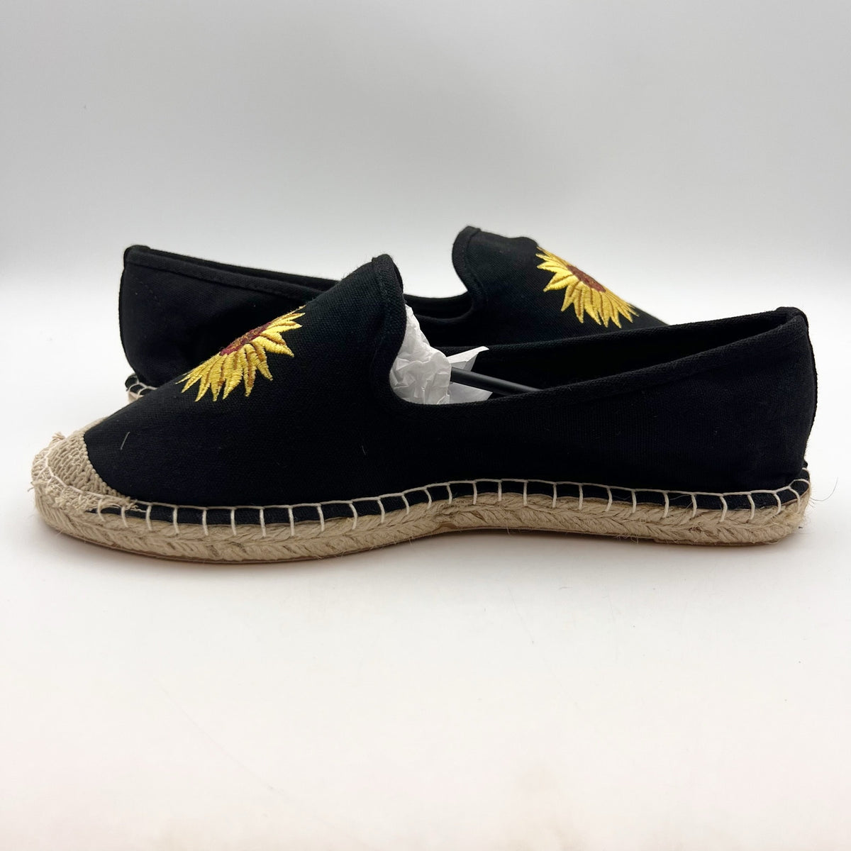 Coldwater Creek Womens Espadrille Flats 8.5 Wide Black Canvas Sunflower NIB