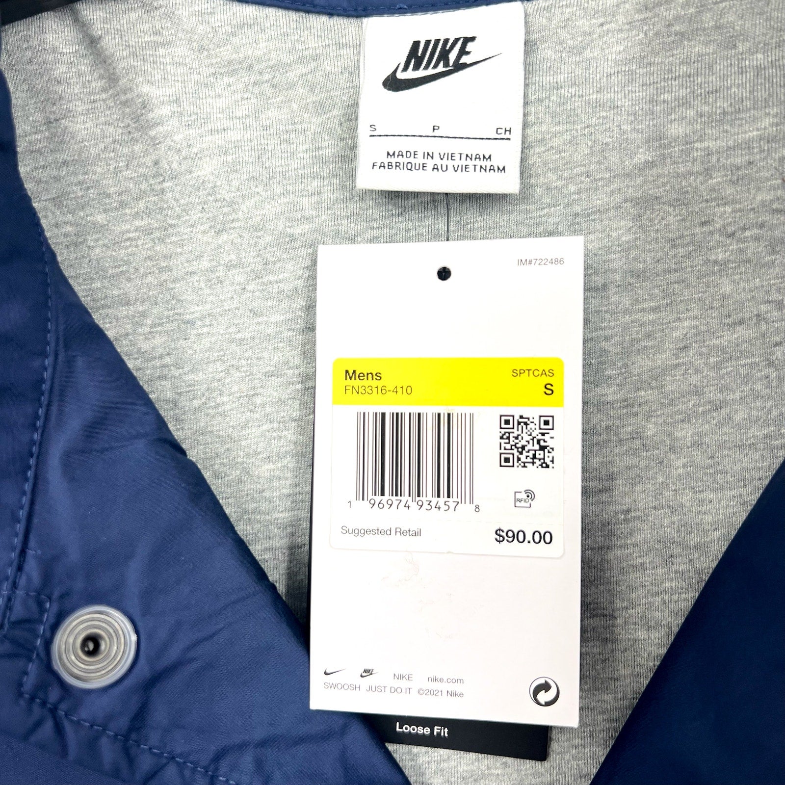 NIKE CLUB Mens Coaches Jacket Small Navy Blue Relaxed Fit Windbreaker NWT