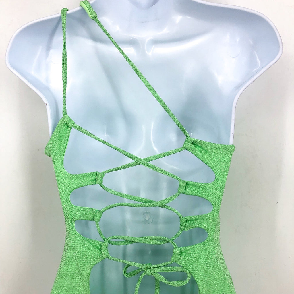 BECCA Glimmer Sparkly One Shoulder One Piece Swimsuit Small Lime Green NWT