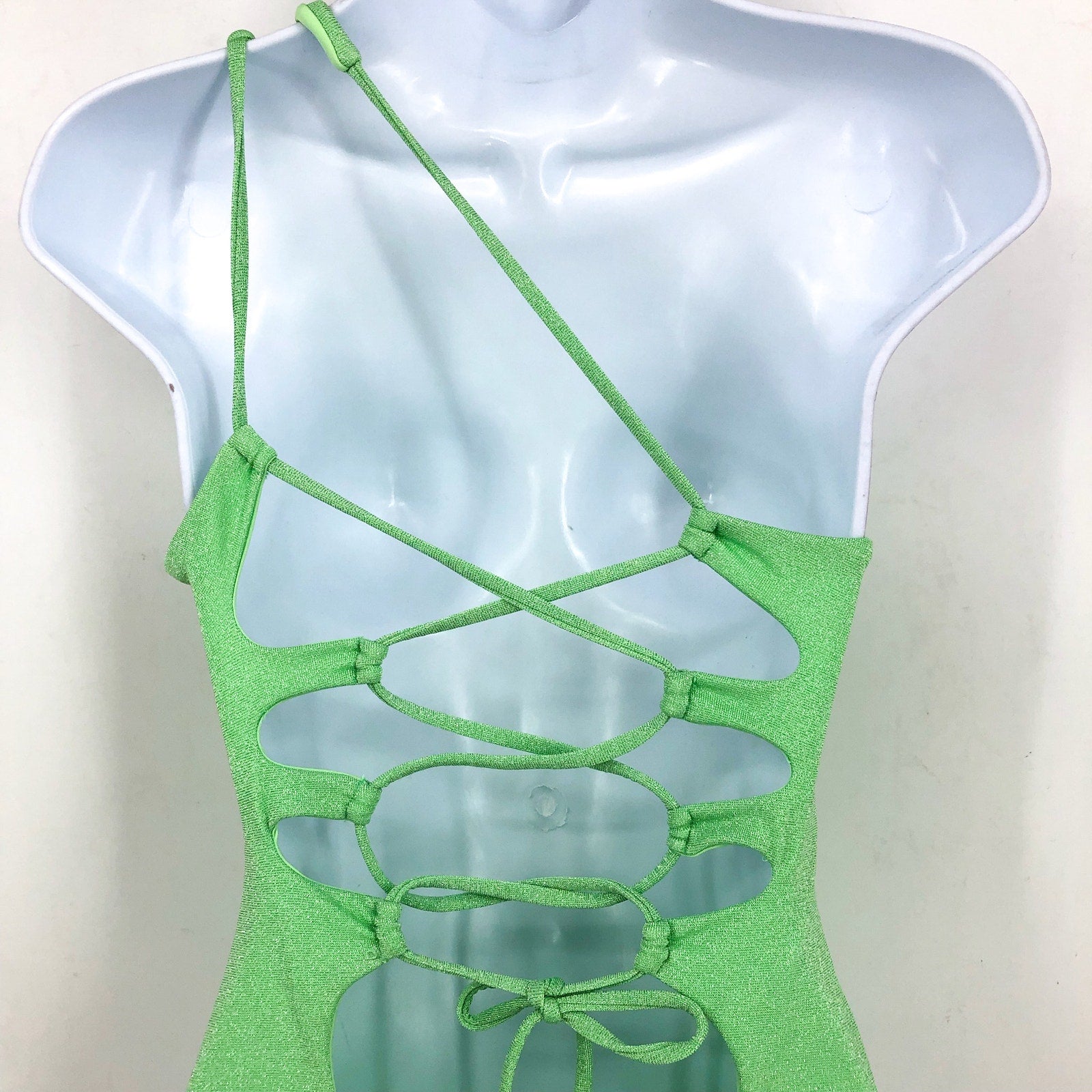 BECCA Glimmer Sparkly One Shoulder One Piece Swimsuit Small Lime Green NWT