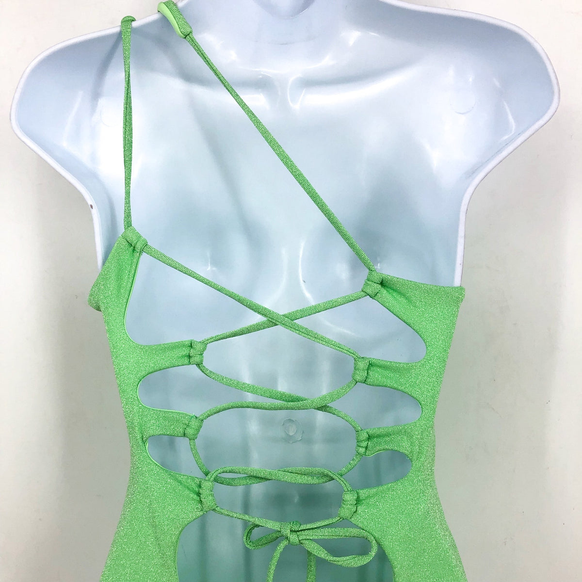 BECCA Glimmer Sparkly One Shoulder One Piece Swimsuit Small Lime Green NWT