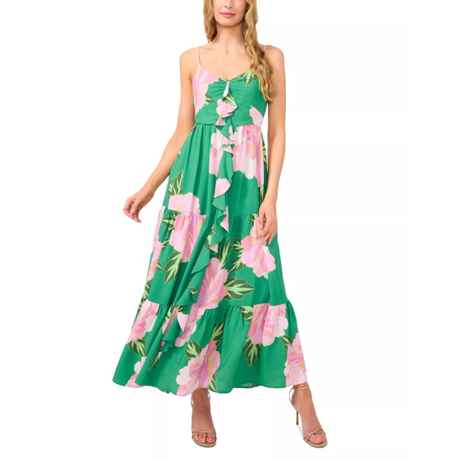 CECE Floral Tiered Maxi Dress Medium Green Peony Blossom Ruffle-Front NWT