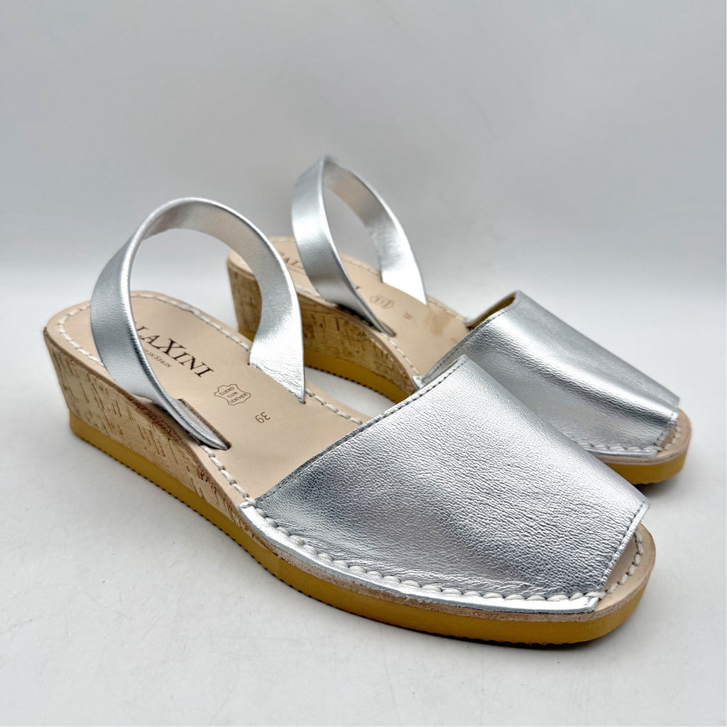 CalaXini Womens Cork Wedge Sandals EU 39 US 8.5-9 Silver Leather NWOB
