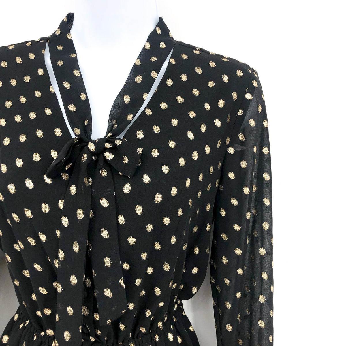 NANETTE LEPORE Metallic Dot Dress Size 2 Black Gold Chiffon Ruffle Neck NWT