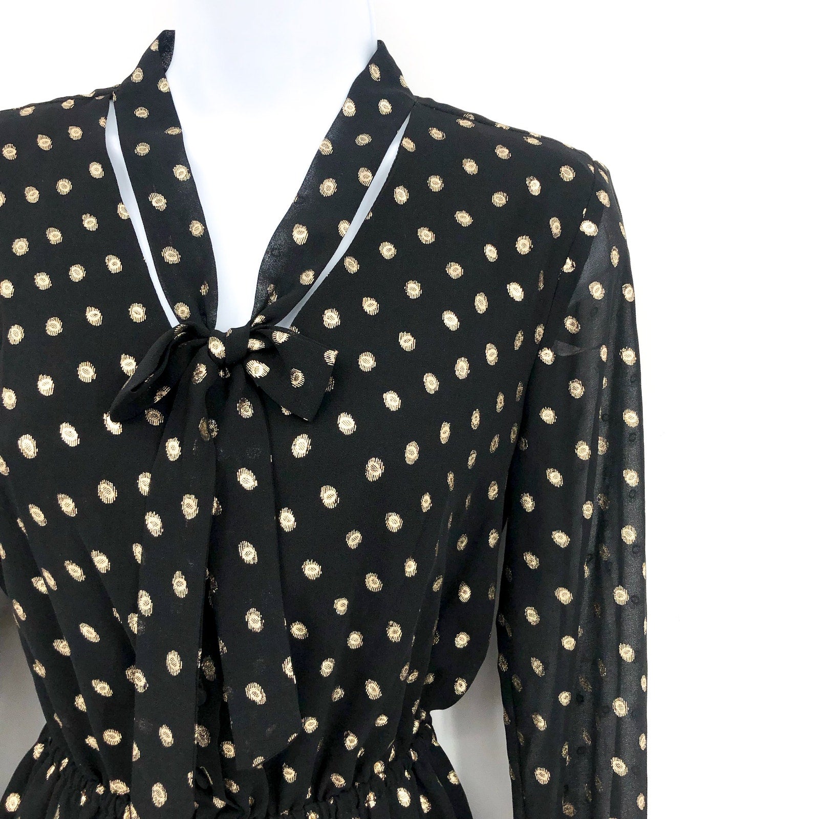 NANETTE LEPORE Metallic Dot Dress 2 Black Gold Chiffon Ruffle Neck Scarf NWT