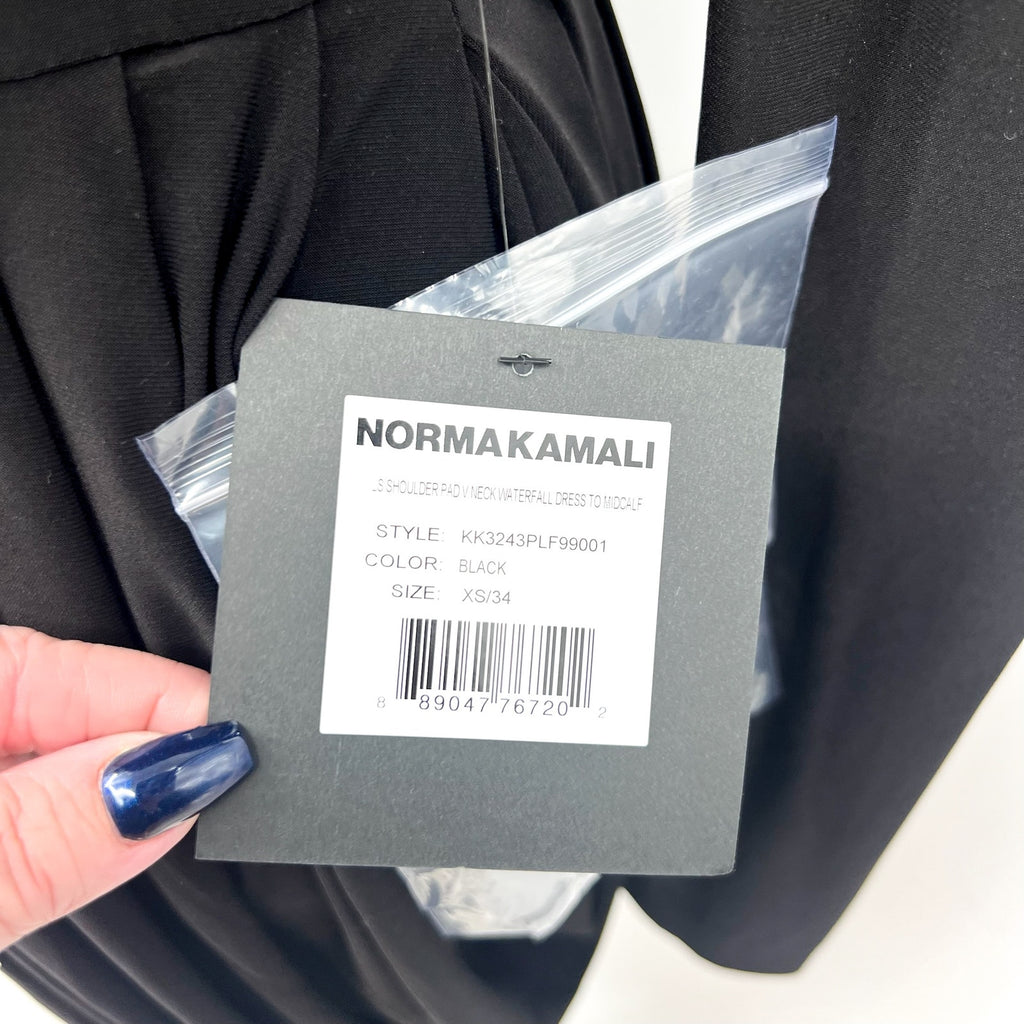 NORMA KAMALI Shoulder Pad Waterfall Dress XS/34 Black V Neck Stretch LS NWT