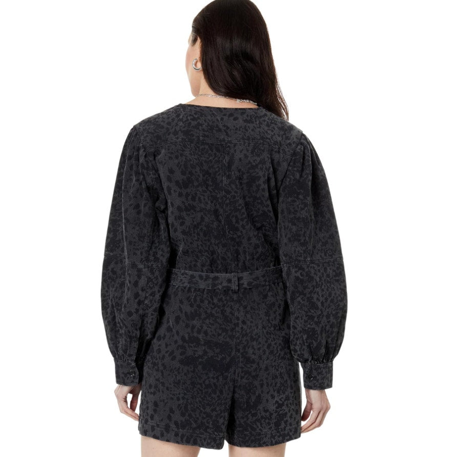 EN SAISON Womens Harlow Denim Romper Small Grey Charcoal Animal Print Belted NWT