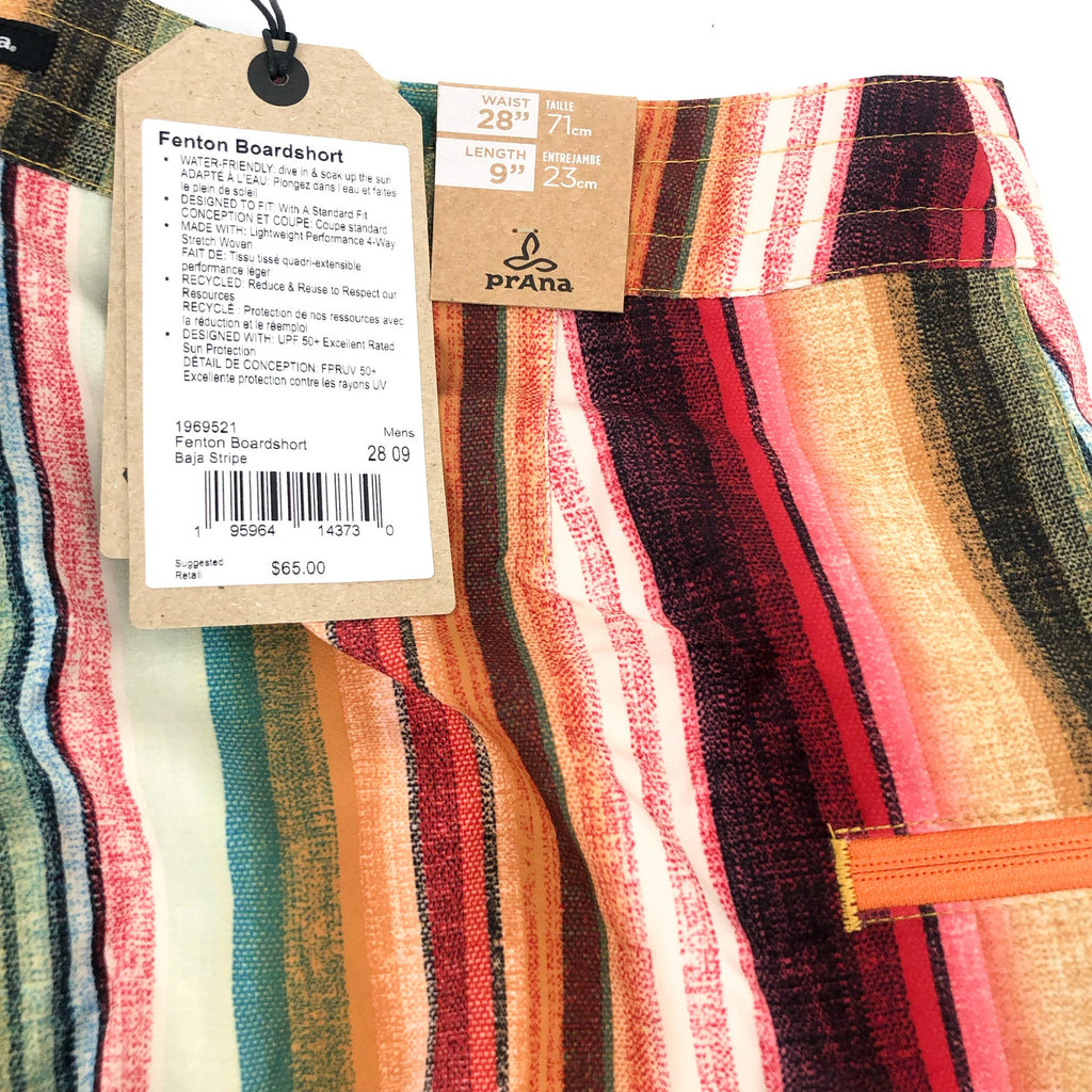 PRANA Mens Fenton Board Shorts Size 28 XS Multi Baja Stripe 9" Inseam UPF 50 NWT