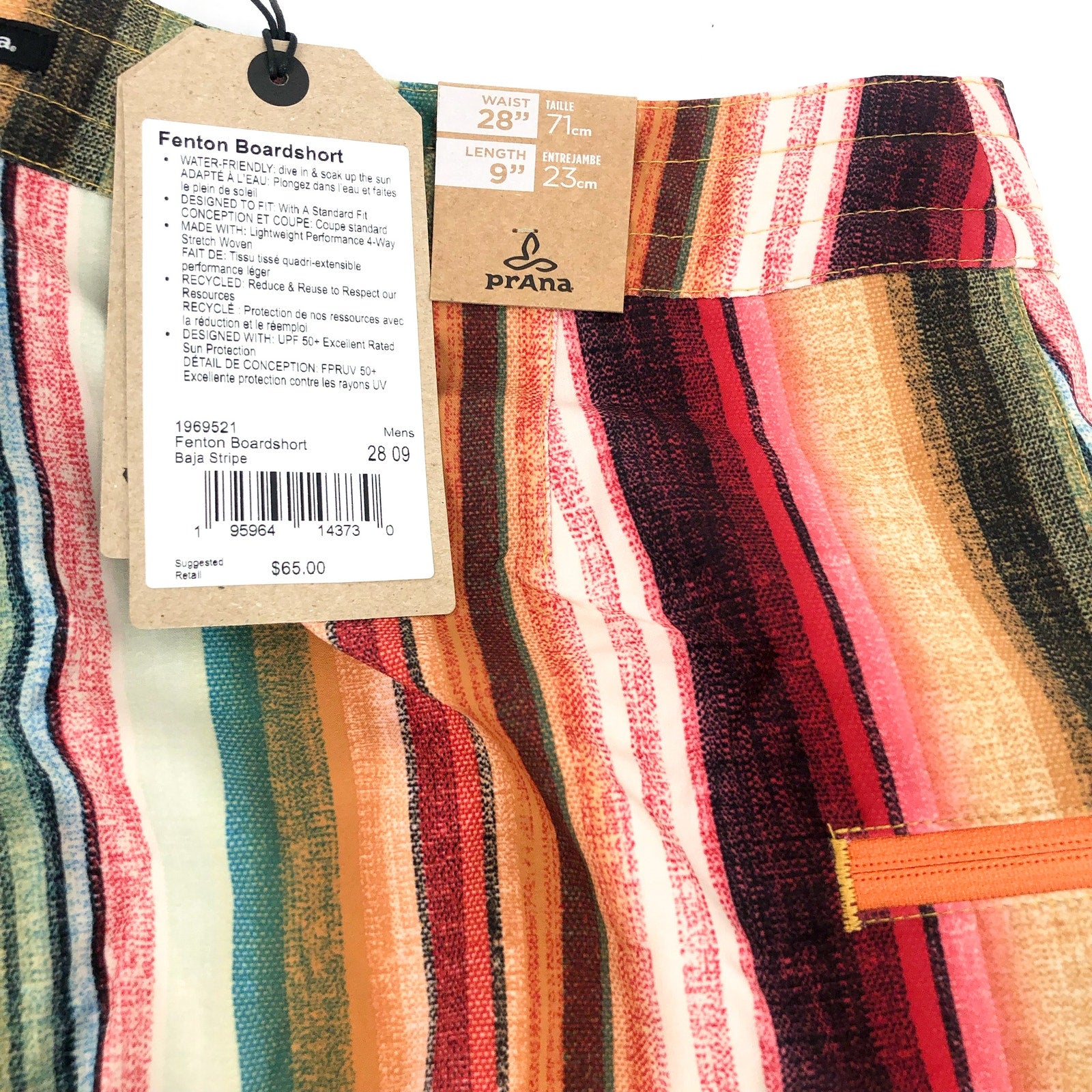 PRANA Mens Fenton Board Shorts Size 28 XS Multi Baja Stripe 9" Inseam UPF 50 NWT