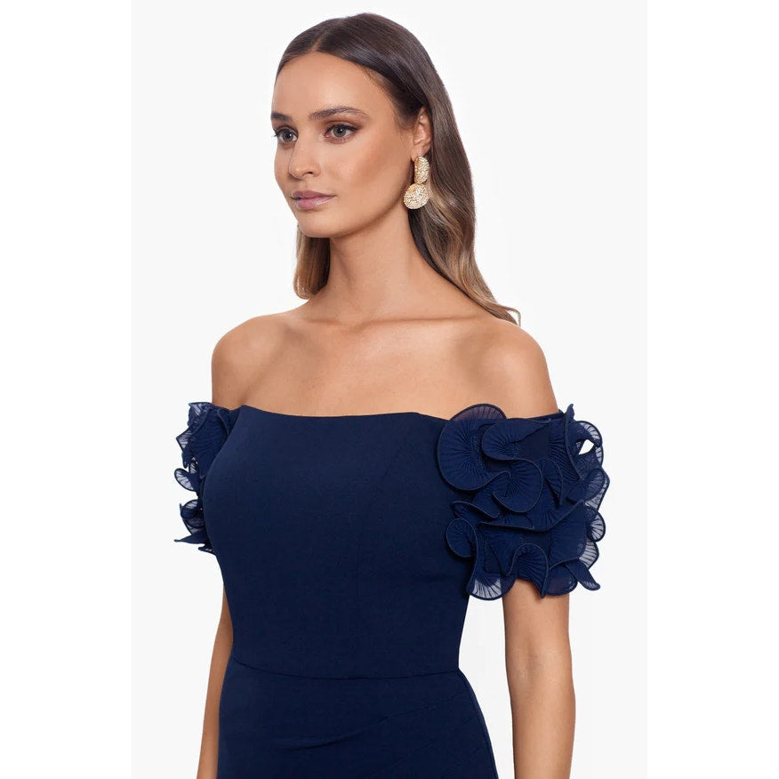 XSCAPE Ashlyn Scuba Crepe Off the Shoulder Long Gown Size 8 Navy Blue Dress NWT